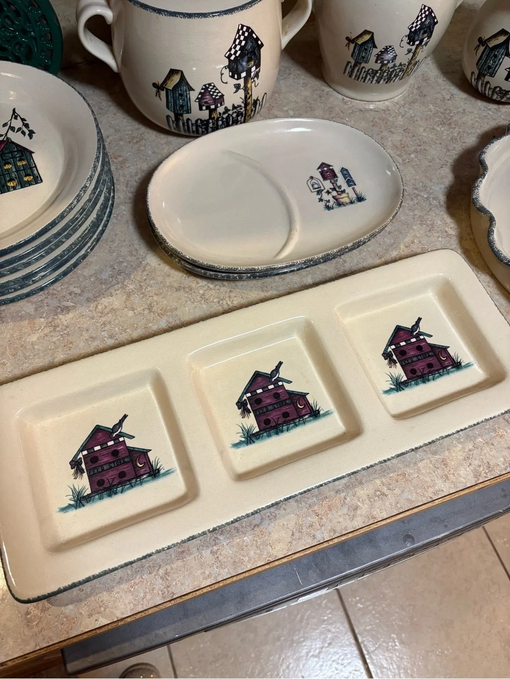 Birdhouse Home & Garden Party Ceramic Dinnerware Set with Cottage Motif -